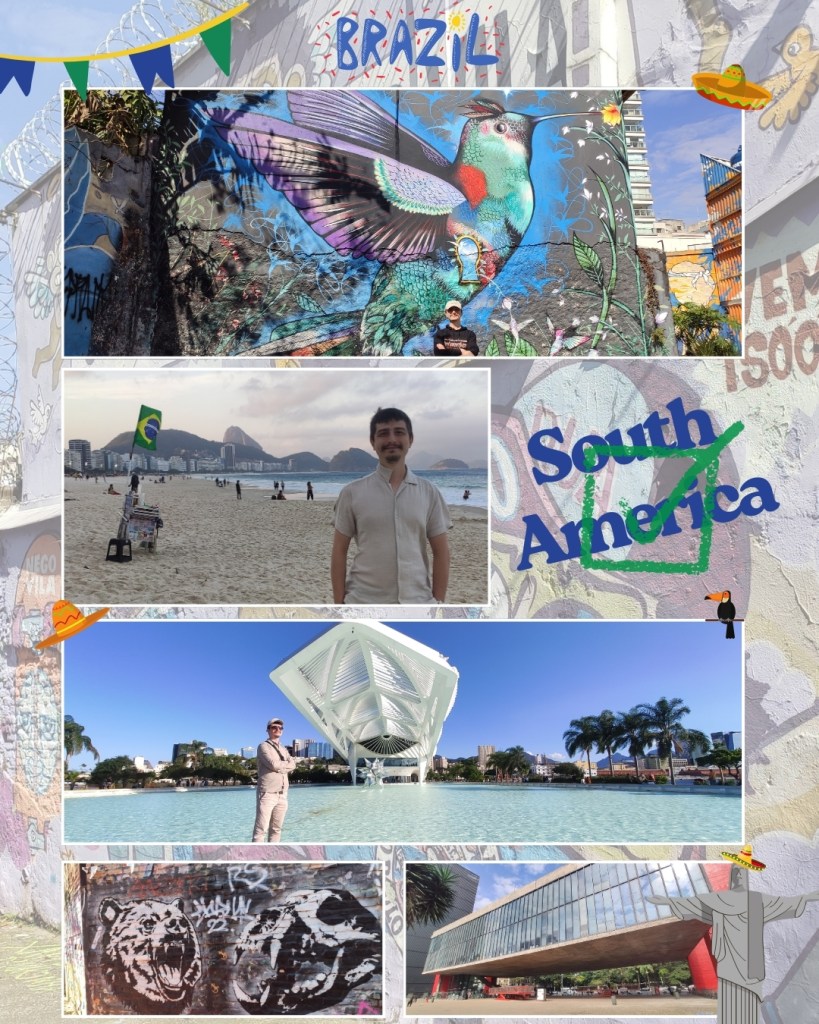 Collage of various scenes from Brazil, including vibrant street art featuring a colorful hummingbird, a beach scene with a person standing by the ocean, a modern architectural structure, and urban graffiti. The images depict a journey through South America, emphasizing landmarks and local culture.